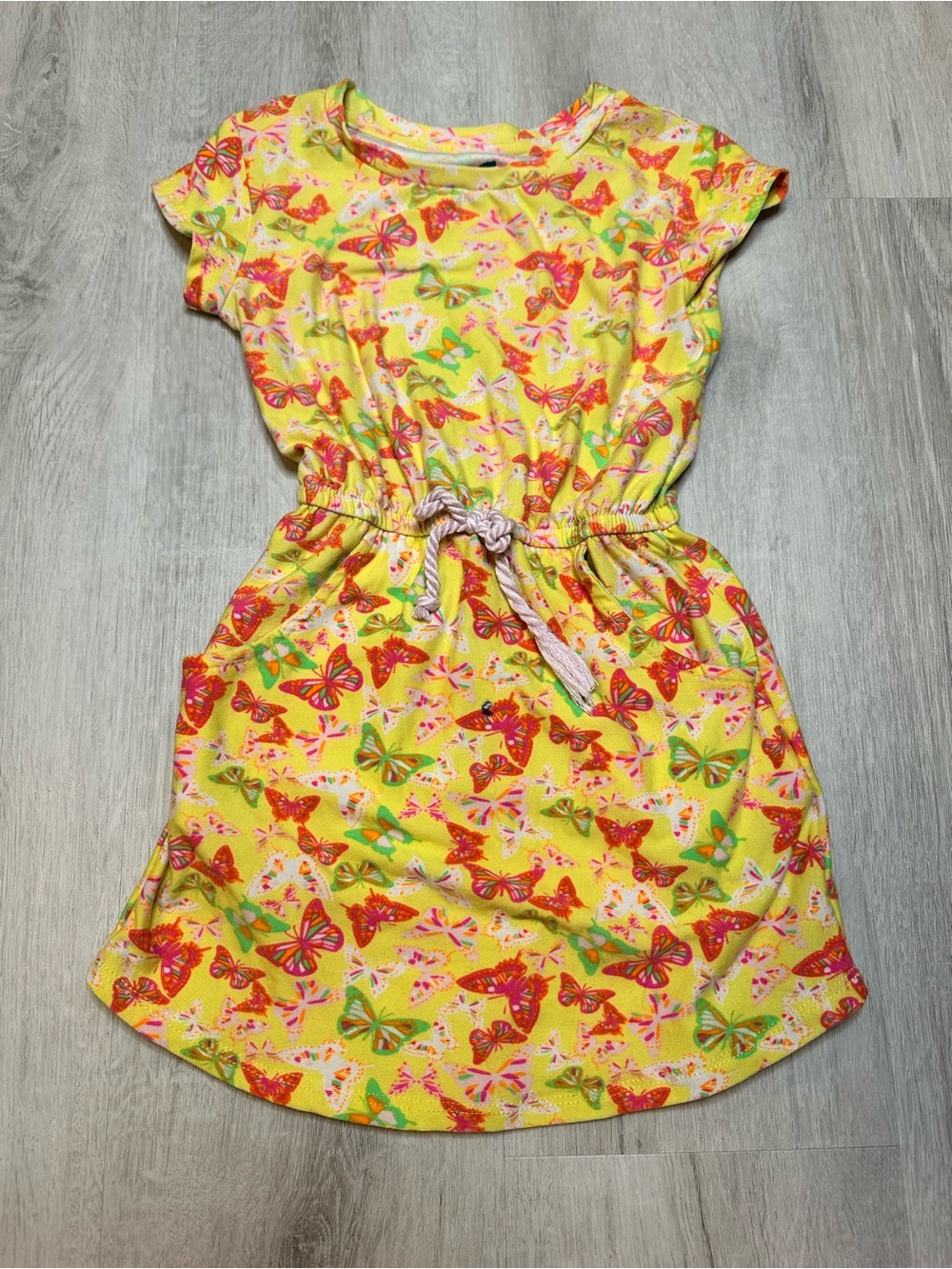Kids - 3 for $10 - Girls' Yellow Butterfly Print Dress with Drawstring Waist